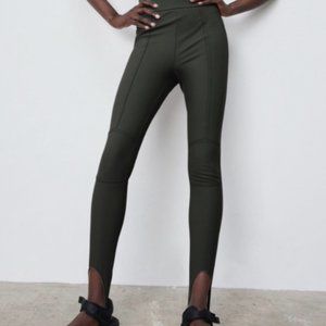 NWT Zara Topstitched Hi-Rise Stirrup Legging Elastic Waist Stretch Green Size L
